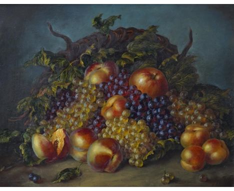 Contemporary Dutch style, oil on board, Still life of fruit, indistinctly signed lower right, 23 x 29cm, gilt framed. Conditi