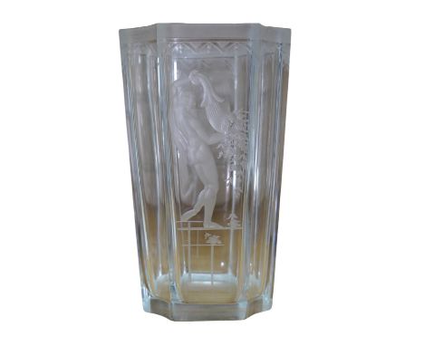 Emil Weidlich for Elme, a 1930s Swedish cut and etched glass vase decorated with a figure tipping a floral cornucopia. Condit