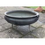 A large Indian bronze incense burner on wrought iron stand, width 79cm, 42cm high overall. one