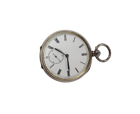 A late 19th century engine turned Swiss 935 standard white metal key wind open faced pocket watch, with engraved inscription 
