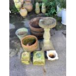 A reconstituted stone bird bath, an oak half barrel tub, a marble mortar, a sun dial, height 67cm, a