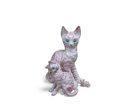 A large 1950's Italian pink maiolica seated cat and two smaller, largest 45cm. Condition - poor