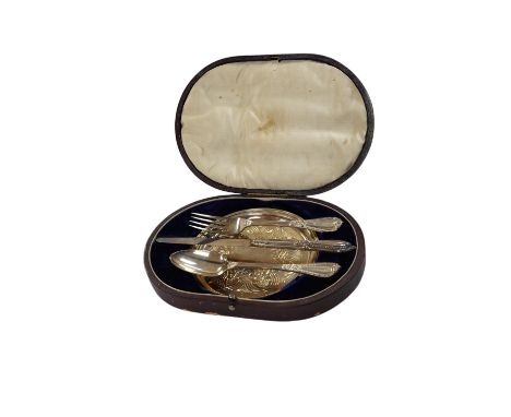 A cased Victorian silver four piece christening set, George Adams, London, 1853 and Henry Wilkinson, Sheffield, 1854. Conditi