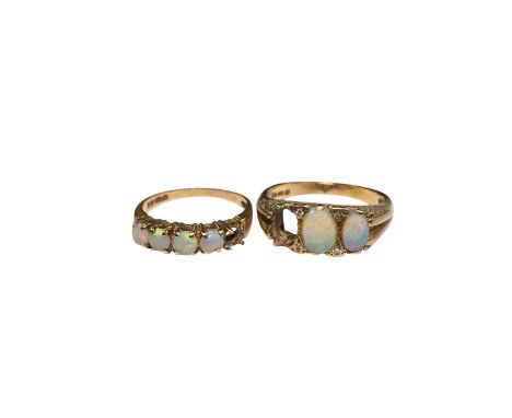 Two 9ct gold and opal cluster set rings, stones missing, gross weight 6.7 grams, Condition - poor