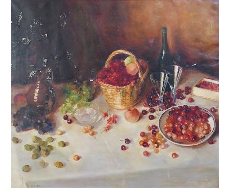 Alfred Théodore Joseph Bastien (Belgian, 1873-1955), oil on canvas, Table top still life with wine and cherries, signed, 90 x