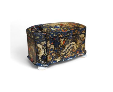 A Victorian Jennens & Bettridge papier mache tea caddy, stamped mark, 20cm wide. CITES Submission reference MB3GJPPY. Conditi