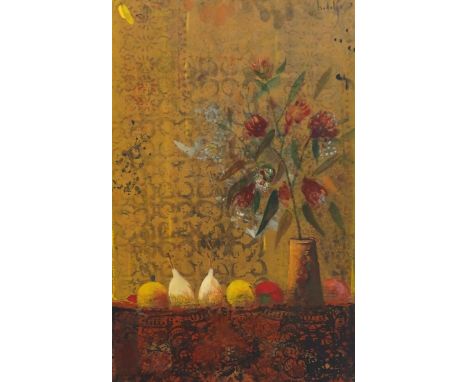 Hidalgo, Continental mixed media and oil on board, Still life of flowers and fruit, signed, inscribed verso, 53 x 34cm, house
