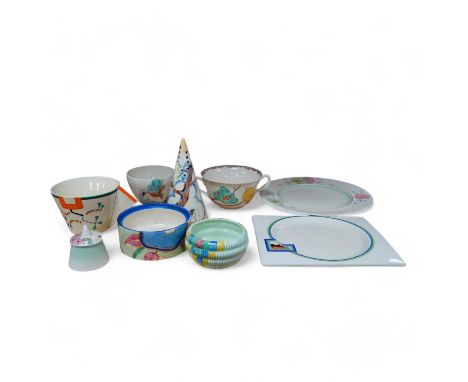 A collection of Clarice Cliff including; a Tiger Tree conical sugar sifter (c.1937), a cup marked 5799, a two handled pomegra