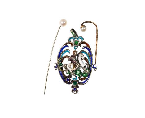An Austro-Hungarian? white metal and polychrome enamel set St. George &amp; the Dragon, drop pendant, 55mm and two stick pins