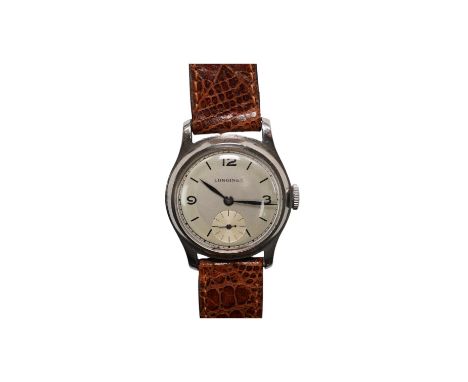 A gentleman's steel Longines manual wind wrist watch, with Arabic and baton numerals, and subsidiary seconds, movement c.11L,