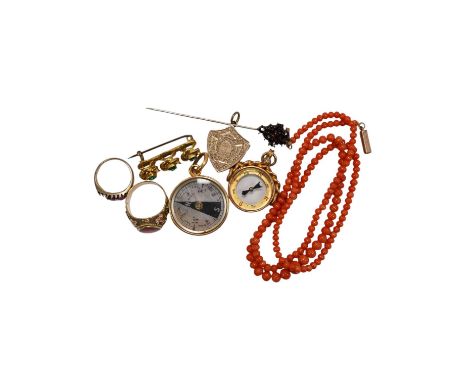 A small group of assorted jewellery including a coral necklace, 9c compass fob, five yellow metal items including a ring, loc