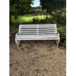 A white painted wrought iron and wood slatted garden bench, 163cm. Condition - weathered,