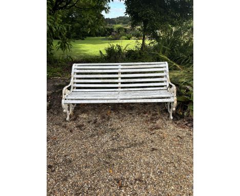 A white painted wrought iron and wood slatted garden bench, 163cm. Condition - weathered, otherwise solid