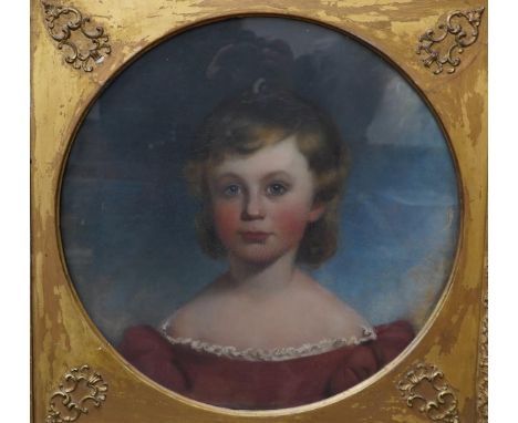 19th century English School, tondo pastel, Head and shoulders portrait of a young boy, unsigned, diameter 46cm, ornate gilt f