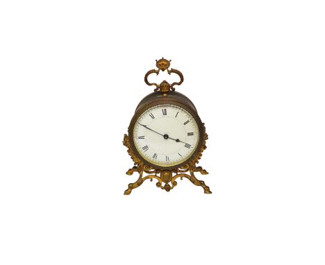 A French gilt metal mantel clock with enamelled Roman numeral dial and drum movement, 18.5cm high. Condition - fair, untested