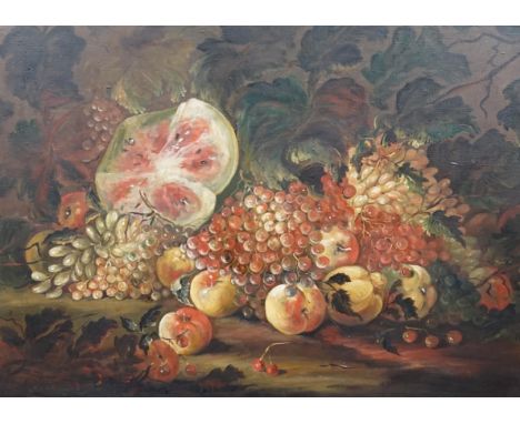 Continental School, oil on canvas, Still life of fruit in the 17th century style, 82 x 110cm. Condition - fair to good