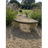 Two reconstituted stone benches, one curved, width 110cm, height 40cm, the other straight, width