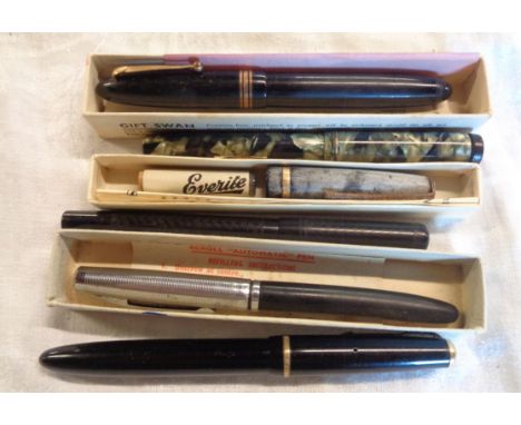 Five vintage fountain pens including Parker Duofold, Swan, etc.