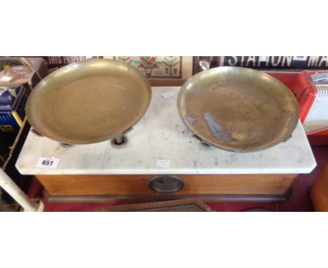 An old French marble topped balance scales with brass pans