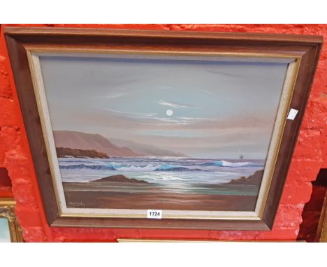 Terence Grundy: a framed oil on canvas, depicting a moonlit seascape - signed