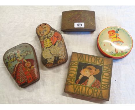 Five vintage tins comprising Vallora cigarettes, George Horner sweet tin, Wilkins Red Boy Toffee, Dainty Dinah rabbit tin by 
