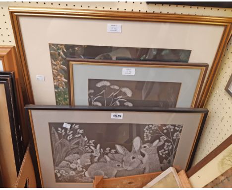 Marjorie Chadwick Harris: two framed scraper board prints, depicting rabbits and hedgehogs - sold with a gilt framed coloured