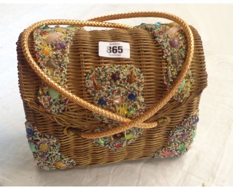 A vintage gold painted wicker handbag encrusted with beads by Midas of Miami