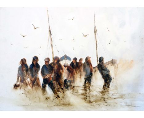 Attributed to Anthony Amos: a painting on shiny board, depicting a group of fishermen in typical palette, with portrait study