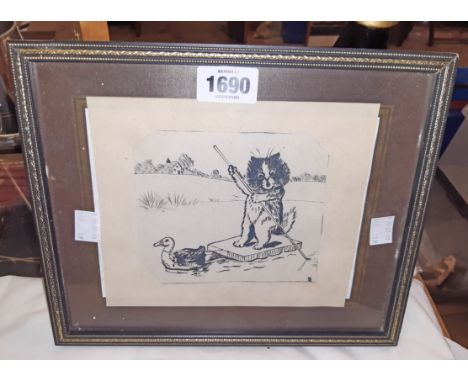 A framed ink sketch in the manner of Louis Wain, depicting a kitten on a raft being pulled by a duck - bears LW monogram