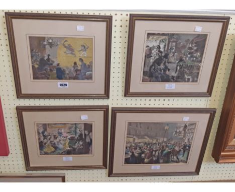 Four matching framed Victorian London Illustrated News coloured engraving plates, comprising magic lantern show and Christmas