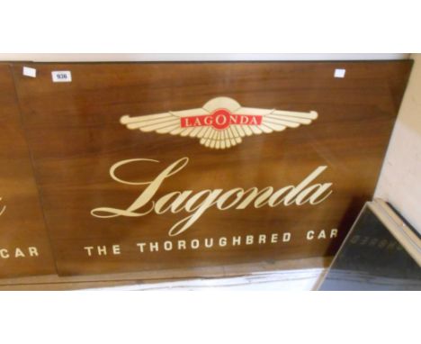 A vintage polished Italian walnut dealership sign for Lagonda The Thoroughbred Car, with transfer text and logo - 24" X 36"