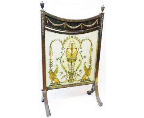 A 24" late Victorian brass framed fire screen in the Neo Classical style with ornate decoration featuring polychrome central 