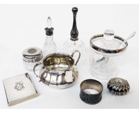 A silver two handled sugar bowls and glass jar with silver collar - sold with an ornate snuff box, card case and other plated