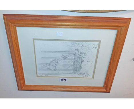 Ernest Howard Shephard: a framed print of a pencil drawing illustration, depicting Winnie the Pooh from "Now We Are Six" - wi
