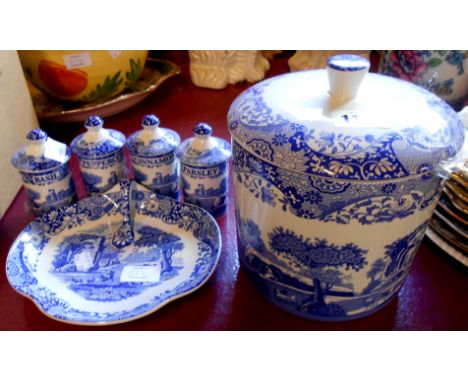 Six pieces of modern Spode Italian items comprising a large storage jar, four spice jars, and a small handled dish