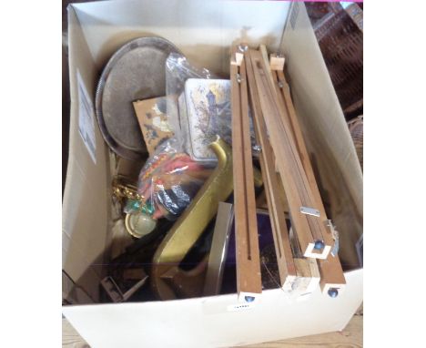 A box of assorted collectables including easel, Pelham puppet, marbles, carved mask, etc.