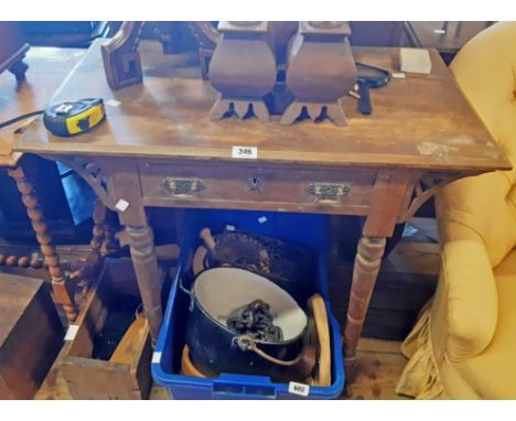 A 30" Edwardian walnut side table with frieze drawer and turned legs - one back top bracket missing, cracked top and staining