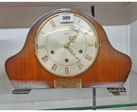 A mid 20th Century Smiths polished walnut cased mantel clock with eight day dual chiming movement - bearing presentation plaq