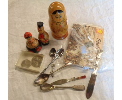 A vintage set of matryoshka dolls, Shell coin set, silver plated bookmark with agate handle, etc.