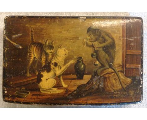 A Tartan ware snuff box with lid depicting a scene from the fable The Monkey and the Cat