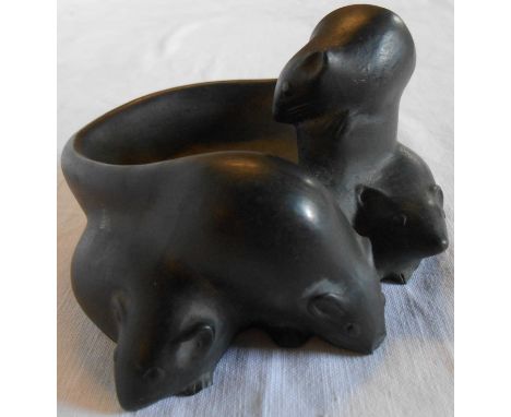 An early 20th Century Danish pottery Ipsen basalt ashtray in the form of four mice, base stamped PIE with catalogue number 23