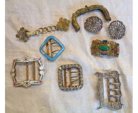Five antique buckles including silver, gem set, and enamelled - sold with a cloak clasp, etc.