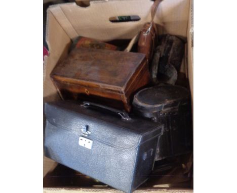 A box of assorted collectable items including vintage Leitz binoculars, Zeiss Ikon Compur bellows camera, box carcass, pewter