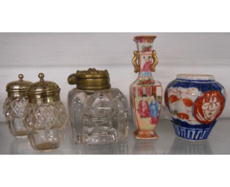 An assortment of china and glass including small Cantonese baluster vase with chip to corner, Imari jar, Victorian glass inkw