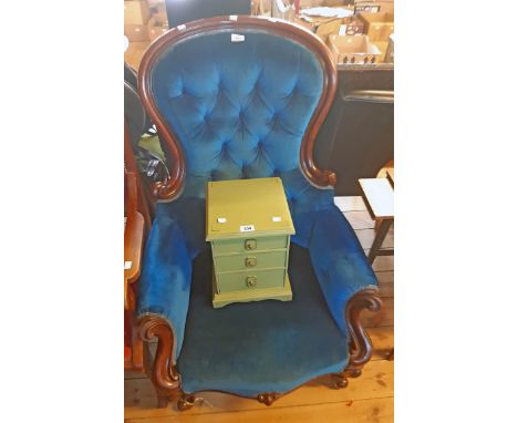 A 19th Century mahogany part show frame spoon back drawing room armchair with blue velour button back upholstery, set on orna