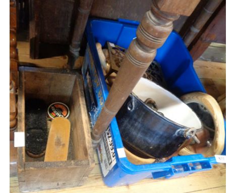 A crate containing an enamel pouring pan, brass stand, pestle and mortar, etc.
