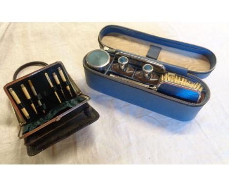 A vintage travelling vanity set - sold with a necessaire purse with bone and white metal contents
