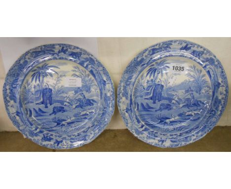 A pair of 19th Century Spode blue and white Death of the Bear pattern plates
