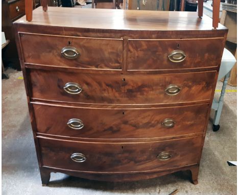 A 3' 5 1/2" 19th Century mahogany, ebony strung and cross banded bow front chest of two short and three long graduated drawer