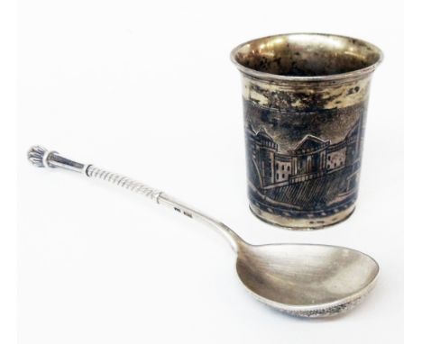 A Russian 84 silver niello work shot cup with architectural decoration - sold with a hard white metal ornate spoon